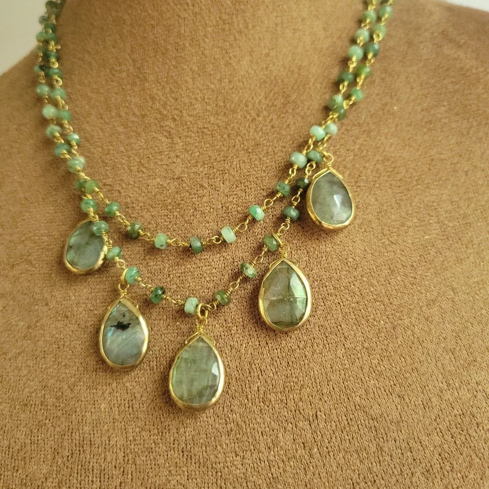 Rachel Reinhardt Green Gemstone Beaded Teardrop Necklace 18